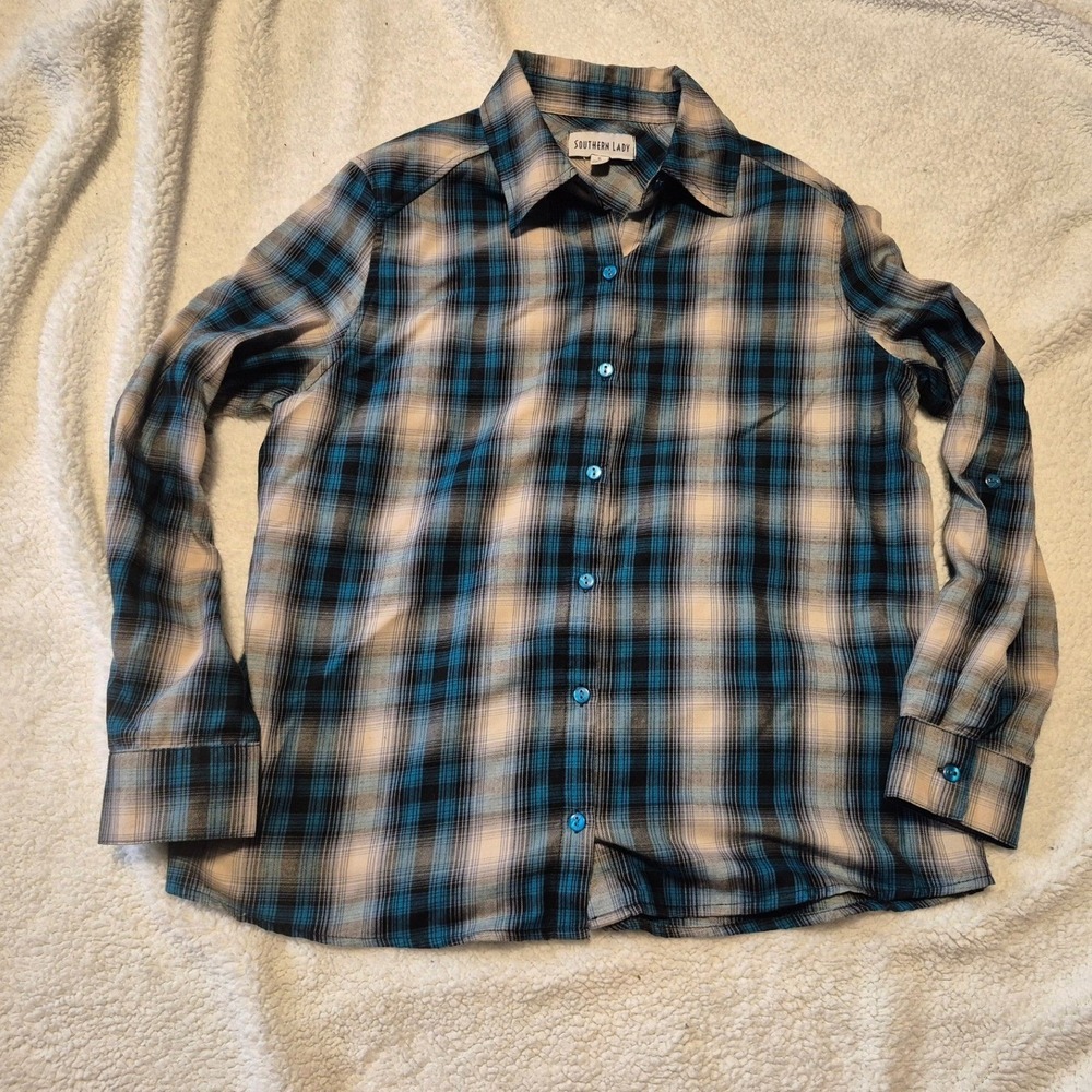 Southern Lady Womens Small Blue Tan Plaid Button Down Long Sleeve Shirt Top